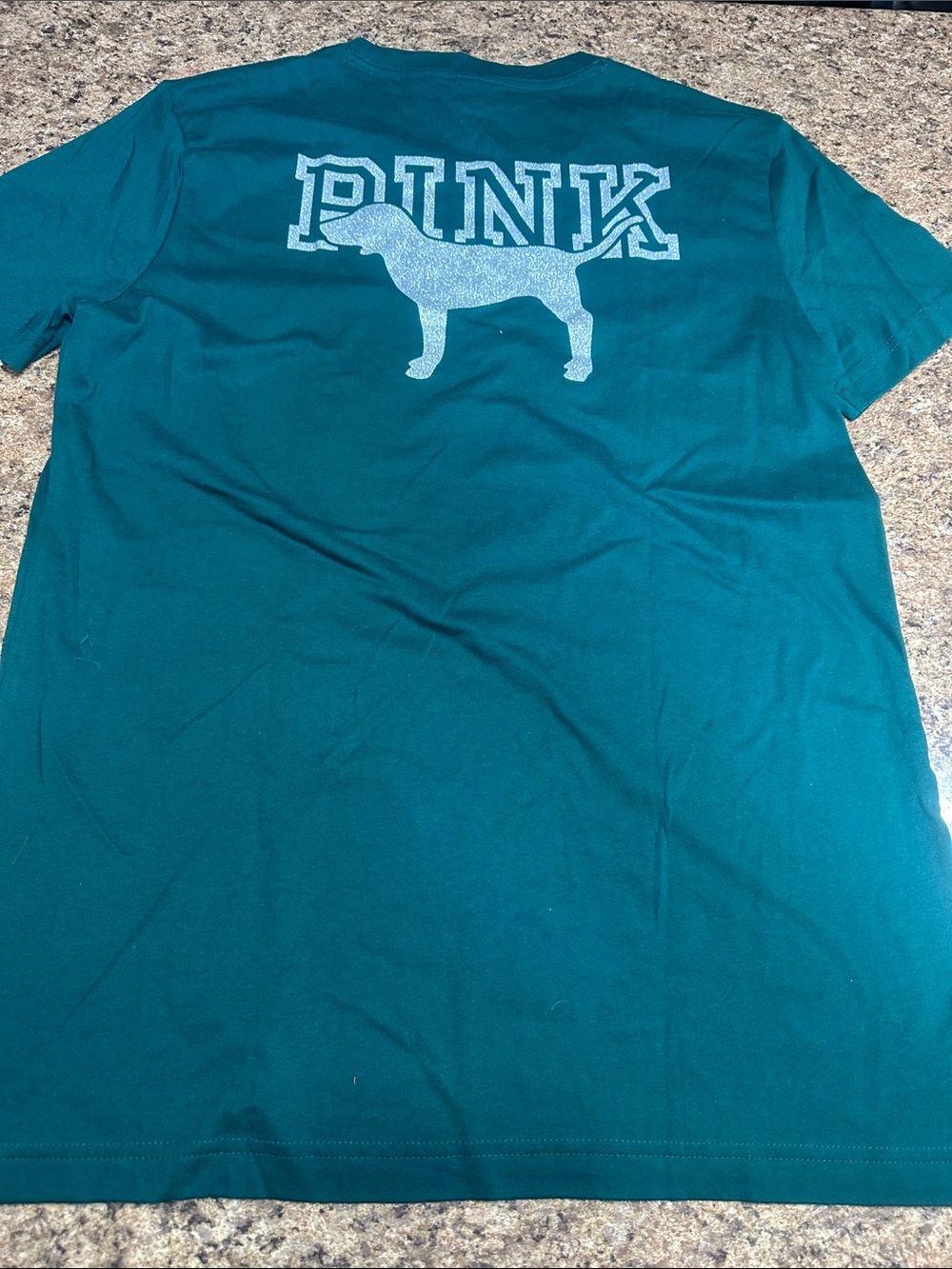 NWT PINK Victoria's Secret Green Campus Tee with Glitter Graphic Medium Tshirt